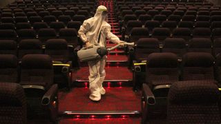 A cinema is disinfected during the COVID-19 pandemic.