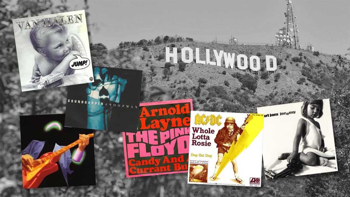 The Hollywood sign in Los Angeles and some 7&quot; single covers