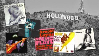 The Hollywood sign in Los Angeles and some 7" single covers