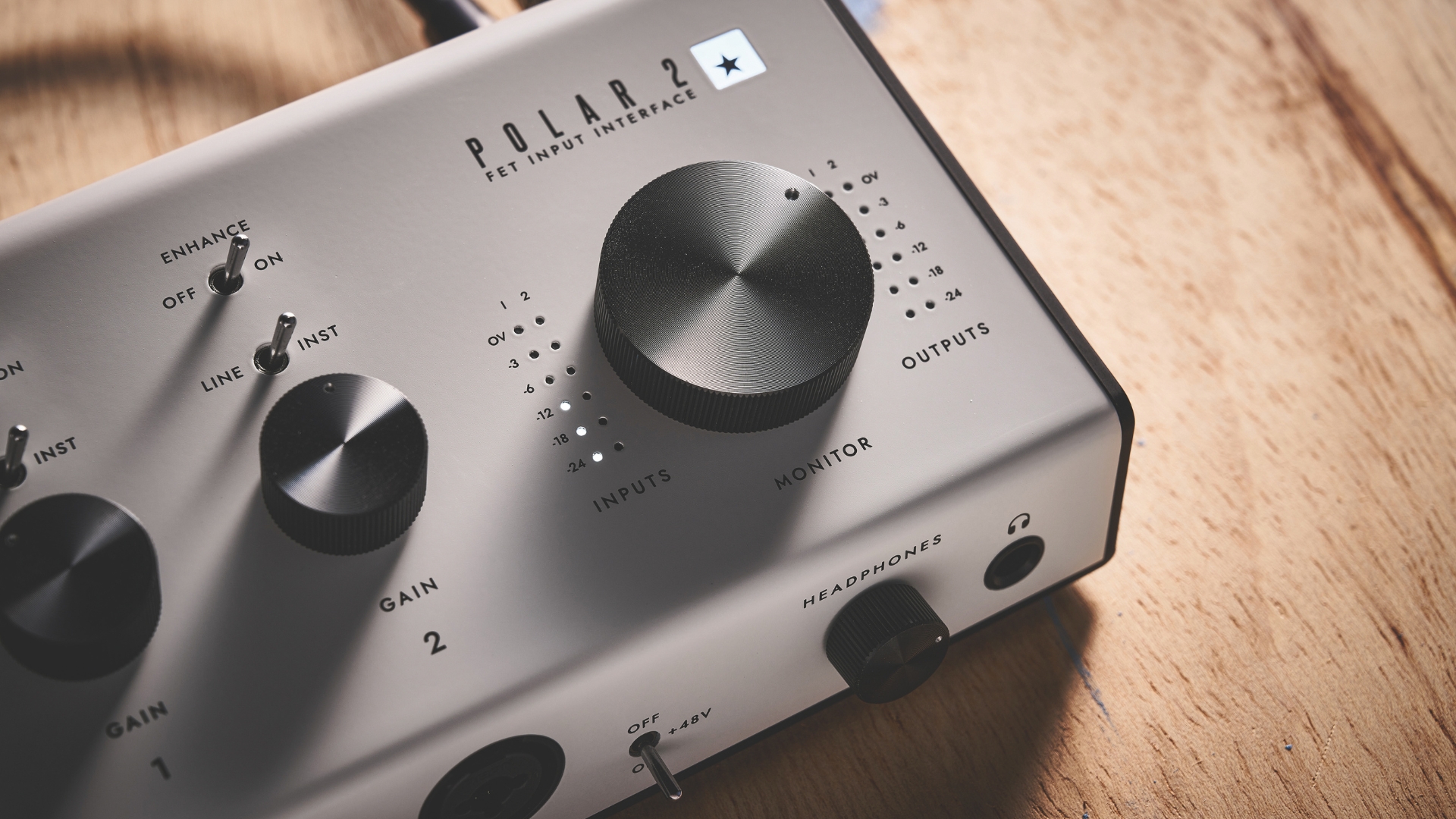 The volume knob on a Blackstar Polar 2 audio interface