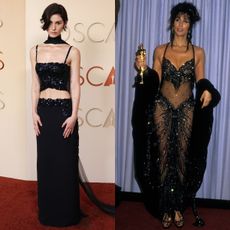A collage of all the red carpet fashion references on the 2026 Oscars red carpet.