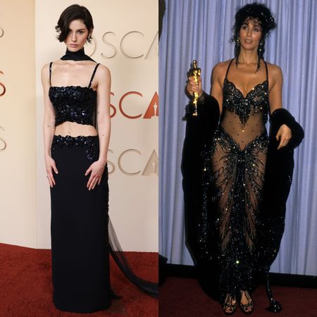 A collage of all the red carpet fashion references on the 2026 Oscars red carpet.