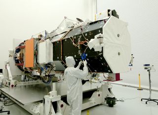 Technician working on the WorldView-3 satellite, which Ball Aerospace built for DigitalGlobe.