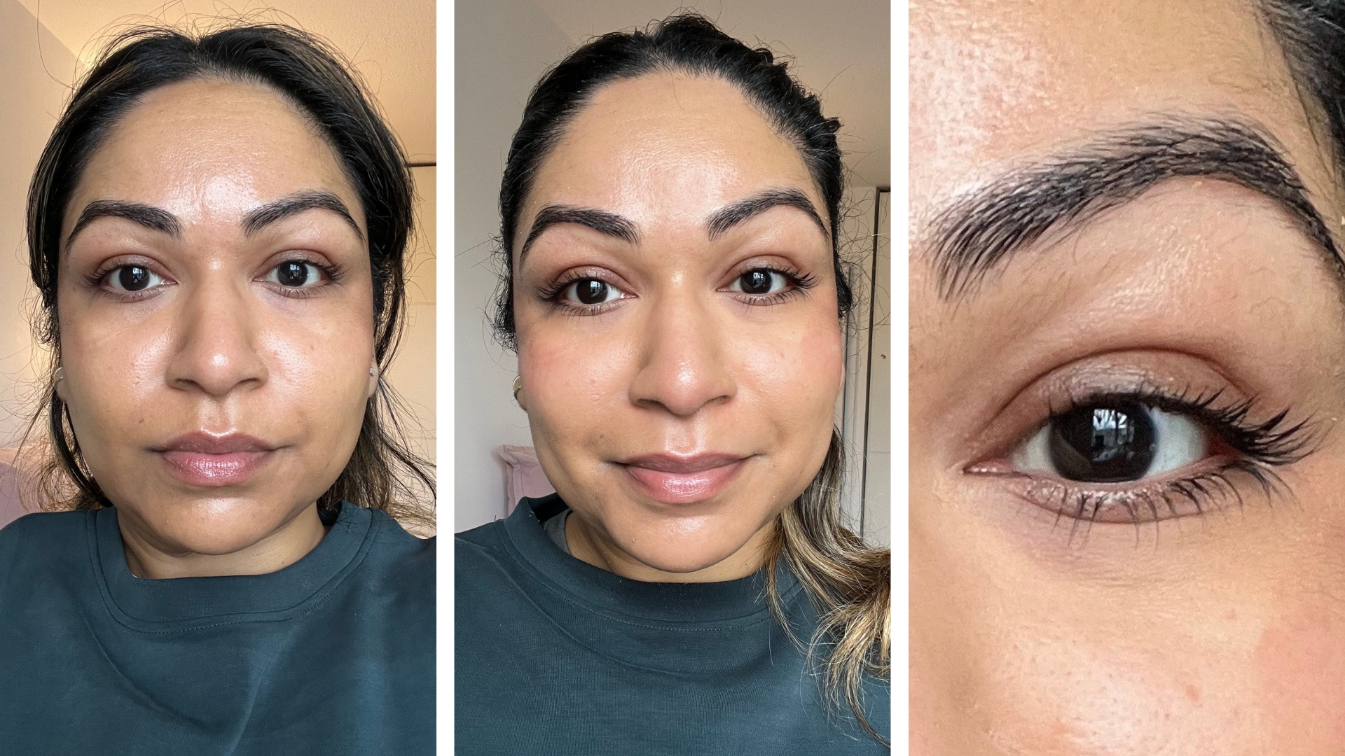 On the left is a picture of Digital Beauty Ecom Editor, Aleesha Badkar, pictured with no mascara on, followed by a picture of her curled lashes with Merit's Clean Lash mascara applied and on the right, is a close-up of her eye to show the mascara/her lashes in more detail