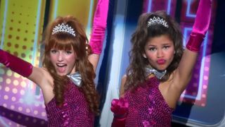 From left to right: A screenshot of Bella Thorne and Zendaya with their hands in the air making silly faces in the opening credits for Shake It Up.