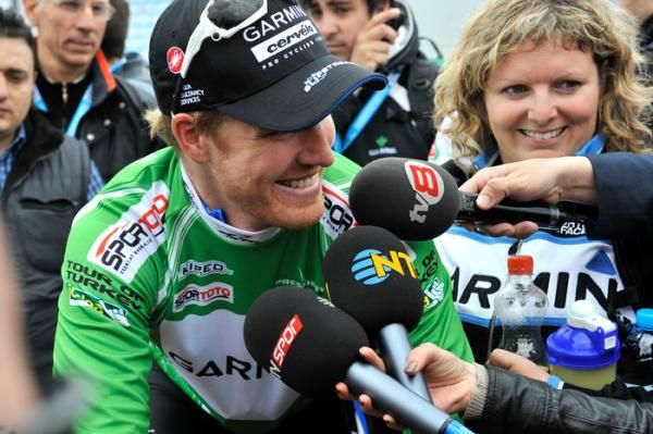 Tyler Farrar (Garmin-Cervelo) looked please to don the green jersey