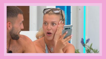 Molly Marsh holding a phone and looking shocked alongside Zach, in the Love Island villa for an article on 'Is Molly Marsh coming back' / in a pink template