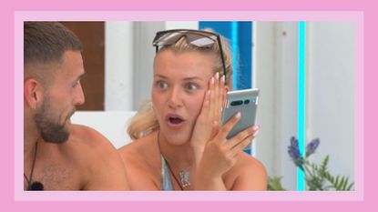 Molly Marsh holding a phone and looking shocked alongside Zach, in the Love Island villa for an article on &#039;Is Molly Marsh coming back&#039; / in a pink template