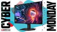 Samsung Odyssey monitor on a blue Cyber Monday background