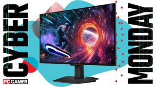 Samsung Odyssey monitor on a blue Cyber Monday background