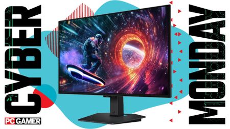 Samsung Odyssey monitor on a blue Cyber Monday background