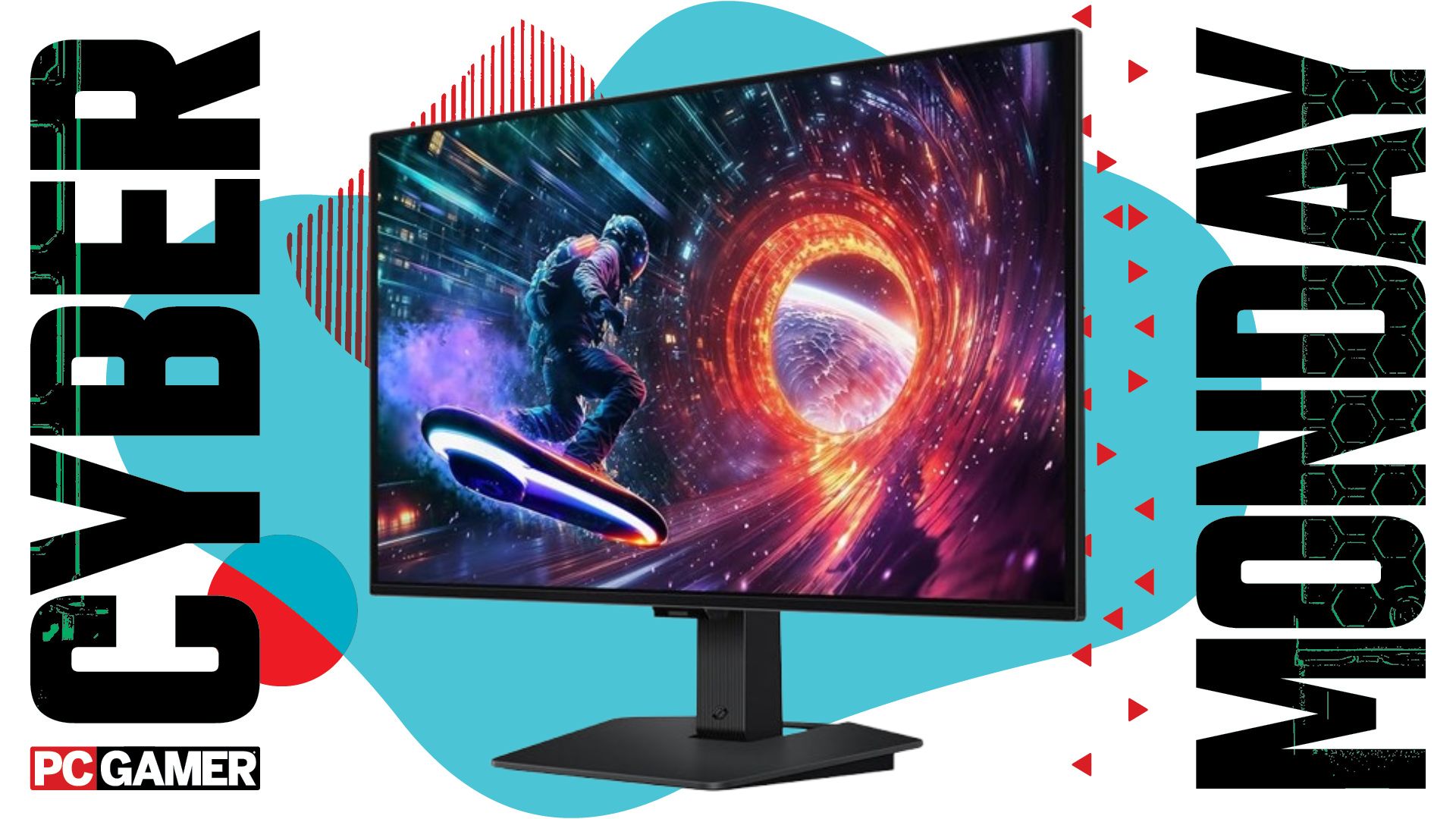 Samsung Odyssey monitor on a blue Cyber Monday background