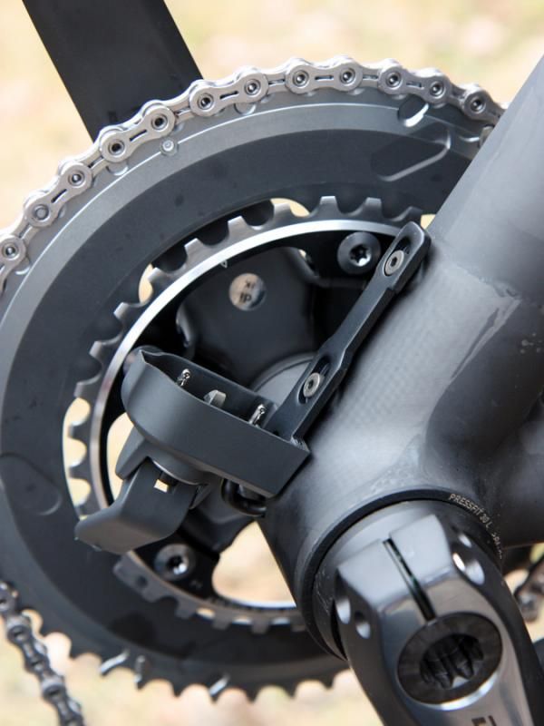 This Shimano Dura-Ace Di2 battery kit is normally meant to go on the chain stay but Crumpton prefers the tidier form factor and uses it on the underside of the down tube instead.