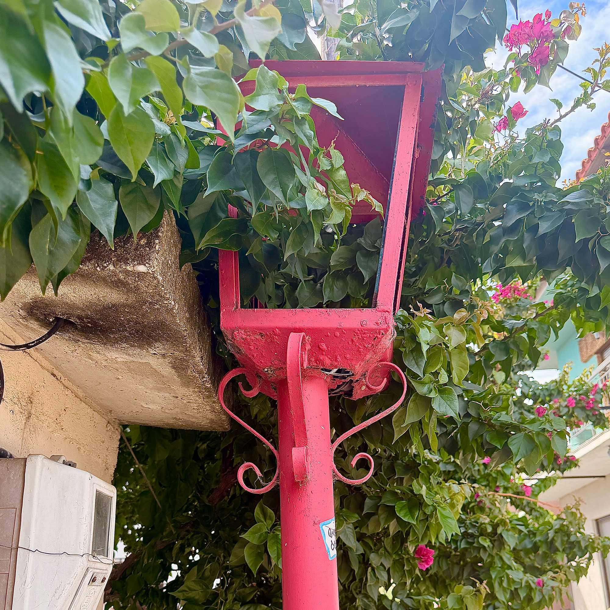 Pink-red painted lamppost nestled into flowers coming off roof of building