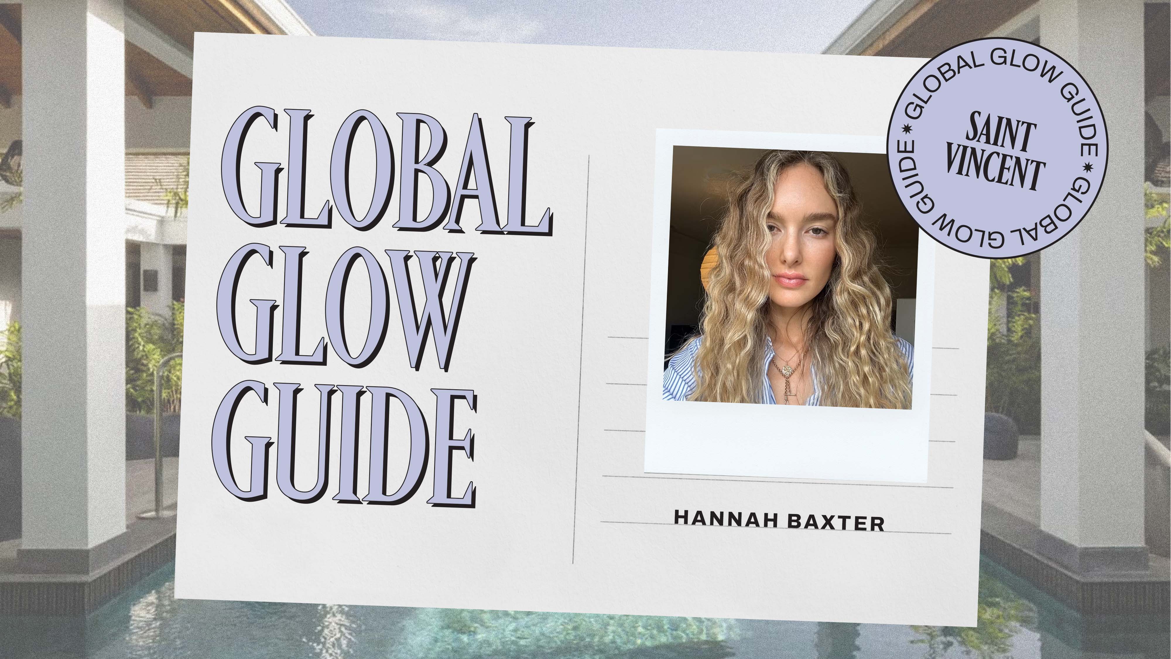 a postcard with the words "global glow guide" in purple with a photo of a blonde white woman with curly hair 