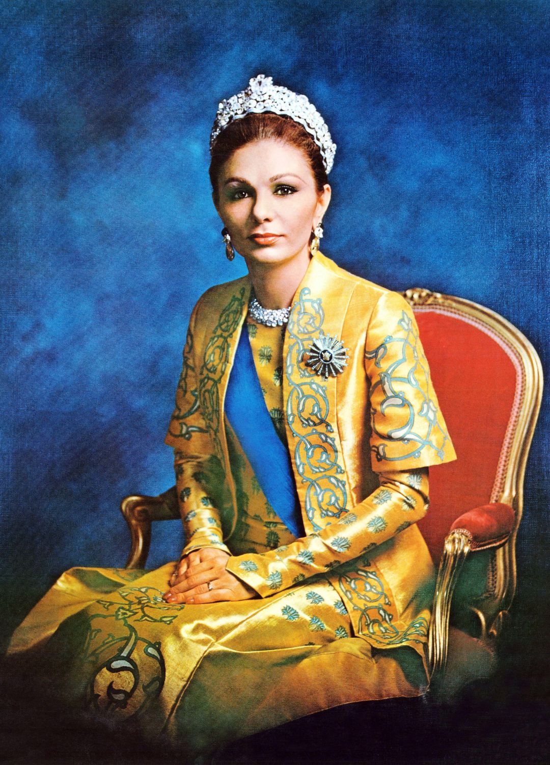 Farah Pahlavi, Empress of Iran looking regal in gold and a fabulous tiara