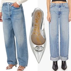 Pitctured are pairs of jeans with flats in between them