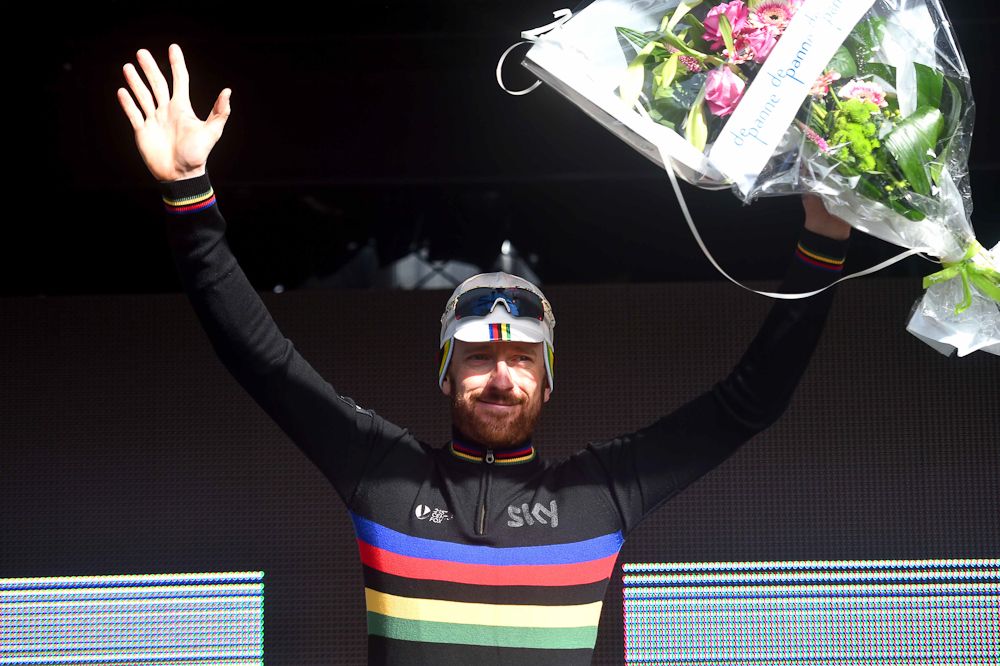 Bradley Wiggins on the final Driedaagse De Panne podium.