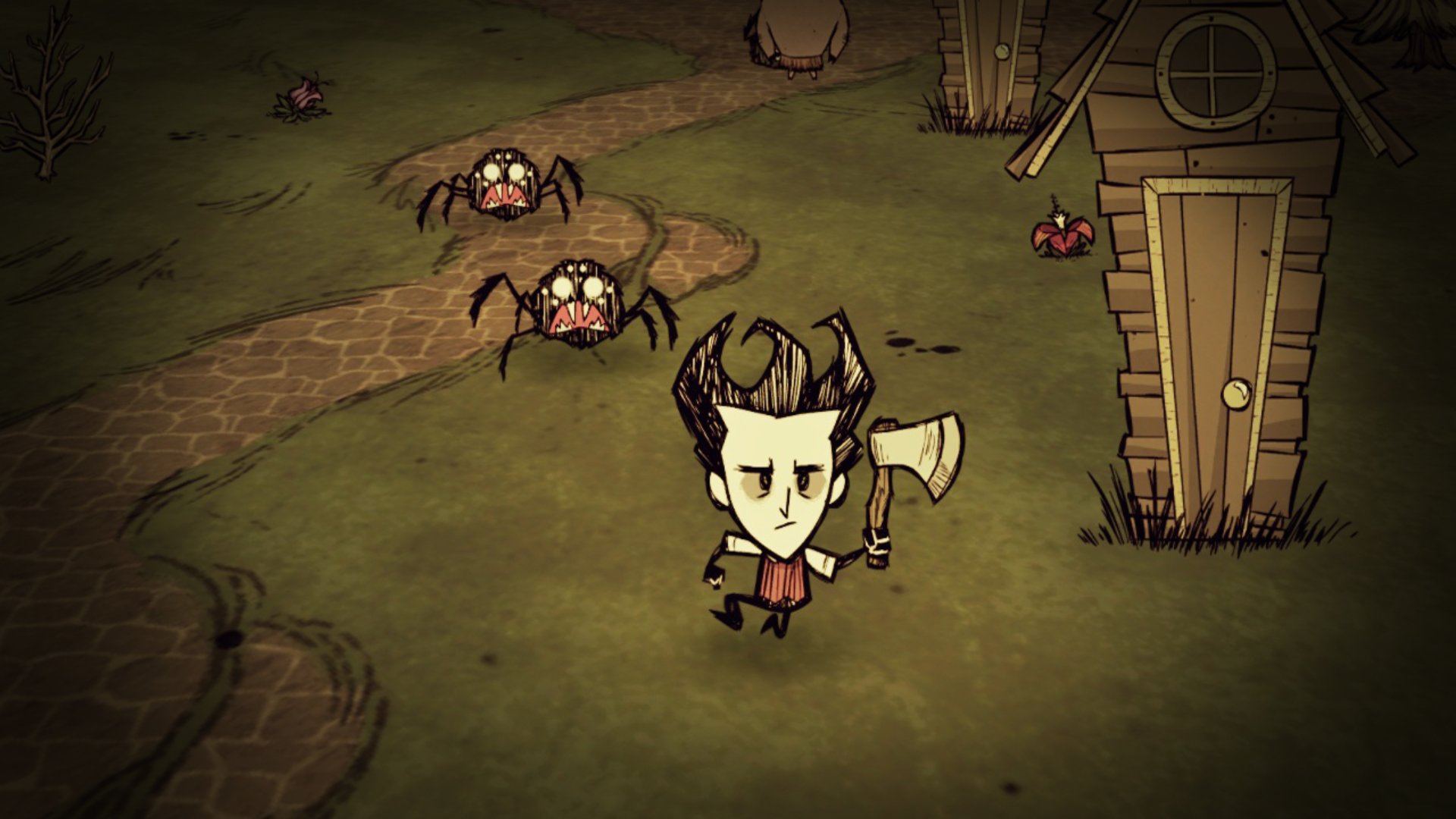game bertahan hidup terbaik: karakter Jangan Kelaparan yang dikejar oleh dua laba-laba
