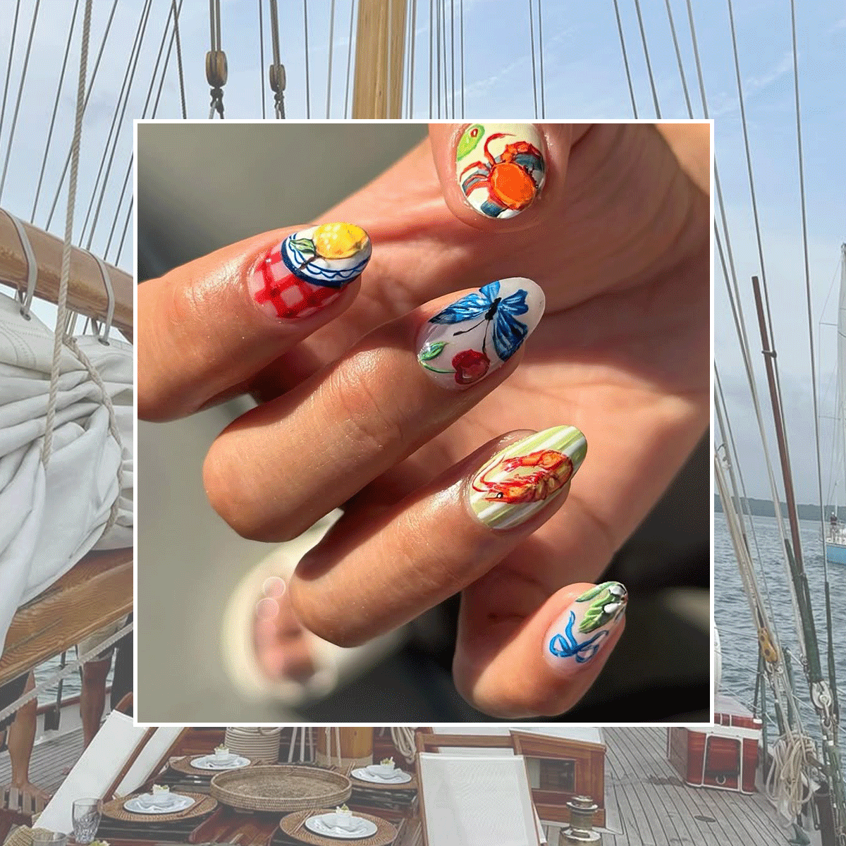 Collage of preppy nails against a coastal backdrop.