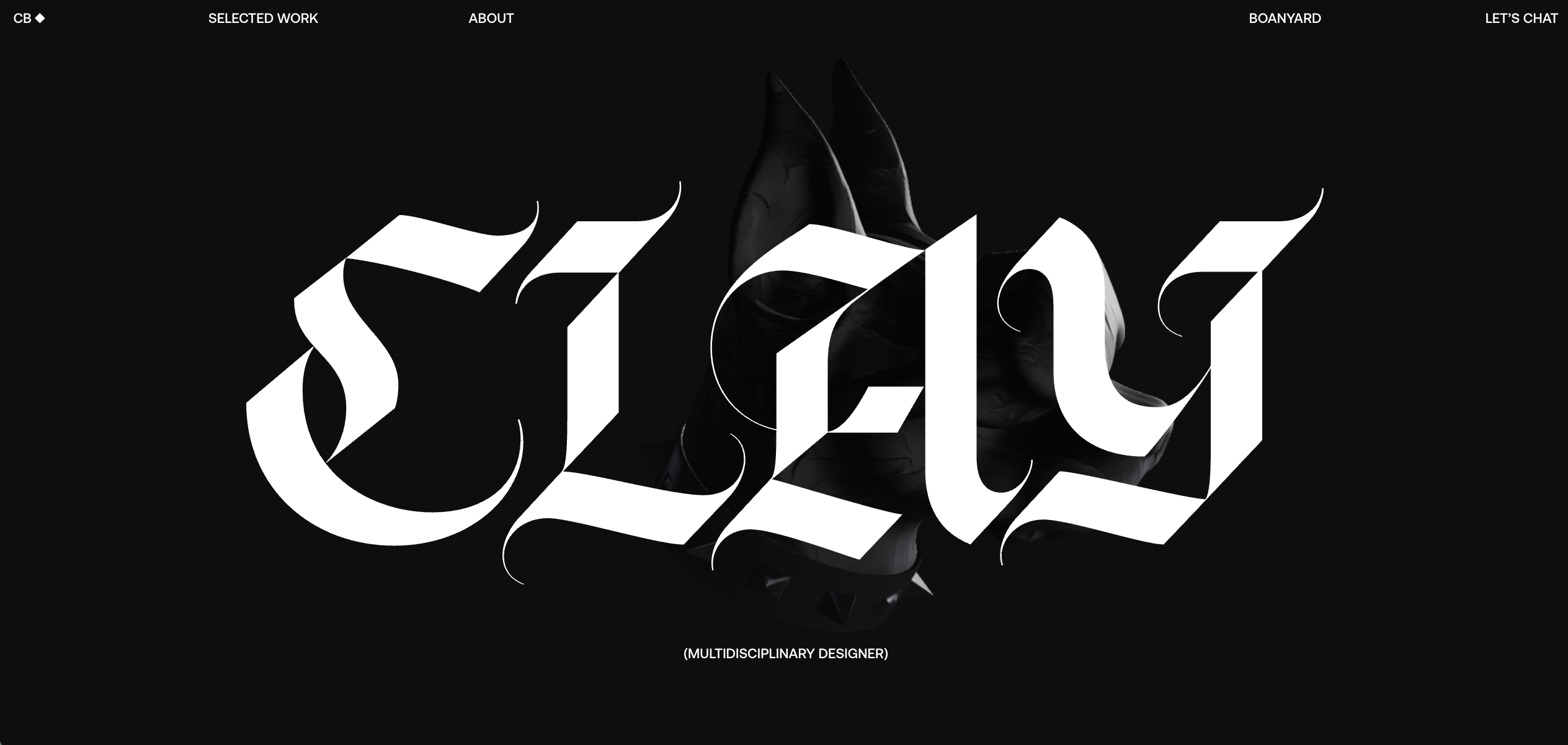 Homepage of Clay Boan's portfolio, showing his name rendered in a bold blackletter typeface over a dark, textured 3D sculptural background, labelled &amp;quot;multidisciplinary designer&amp;quot;.