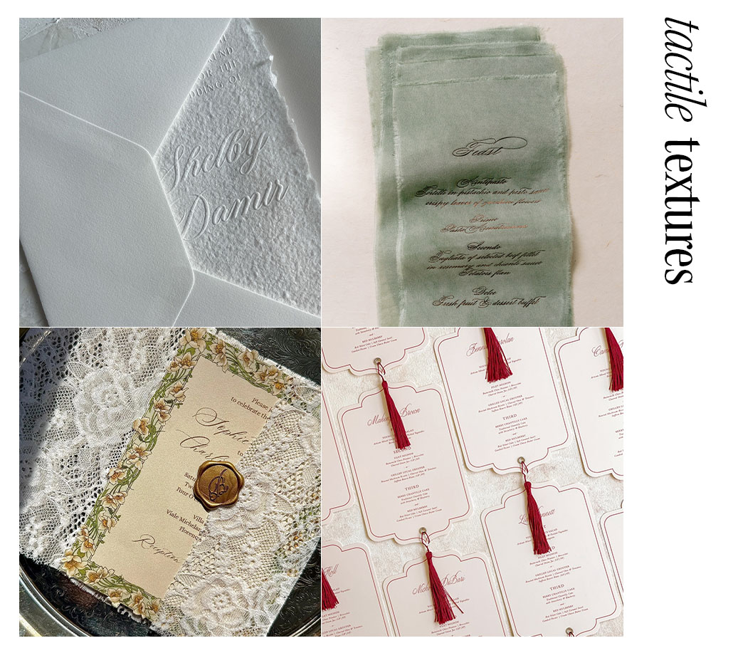 four images of textured wedding invitations.
