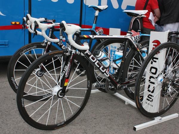 Fabian Wegmann (Milram) is a two-time German national champion and is on a suitably painted Focus Izalco.