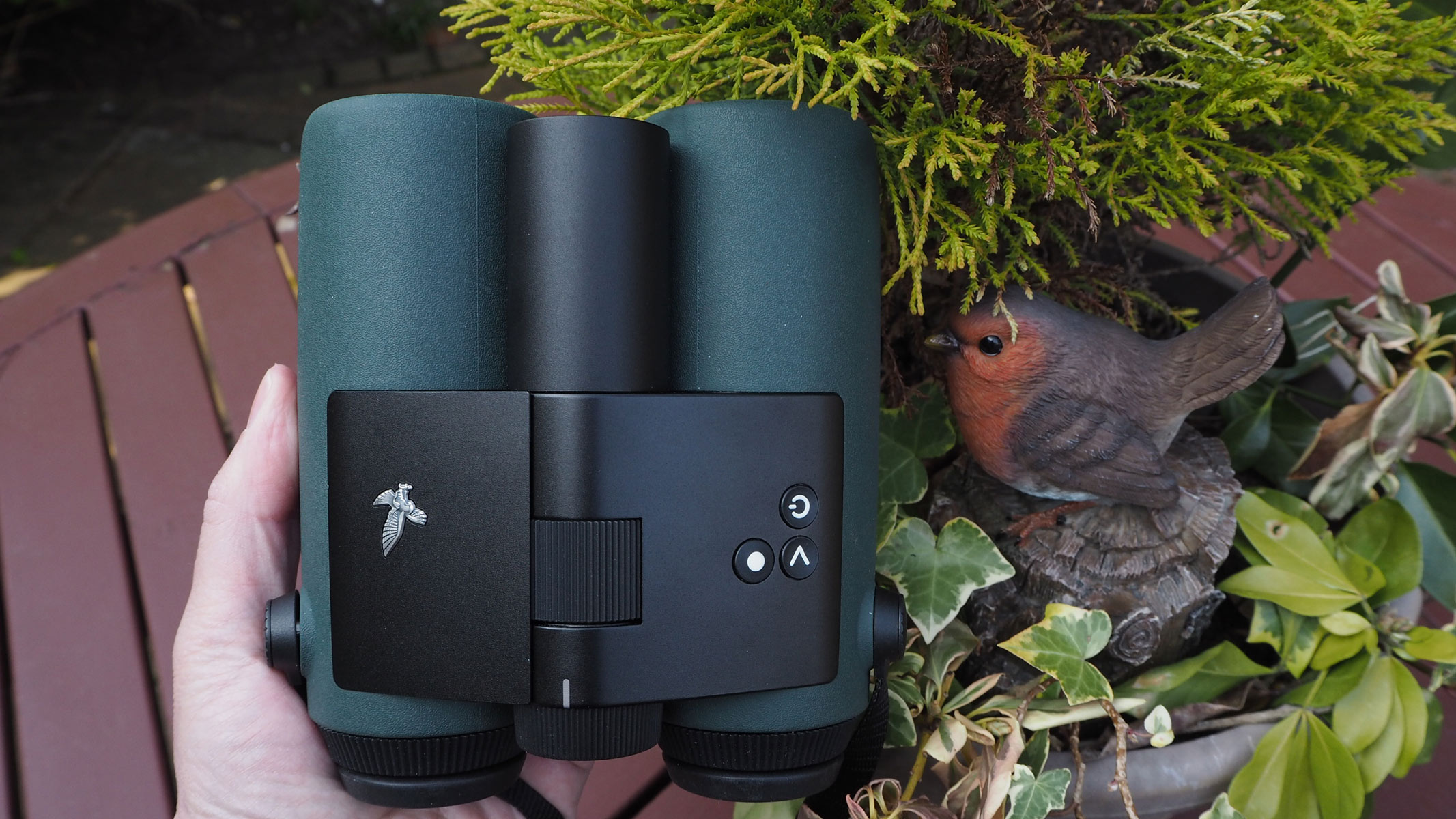 A hand holding Swarovski AX Visio binoculars next to a potted plant and robin bird figurine.
