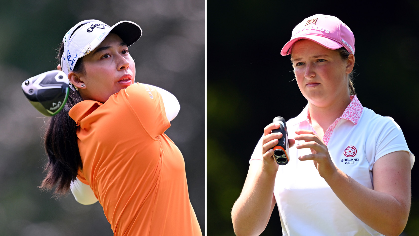 Jeeno Thitikul (left) hits driver during round four of the 2025 Evian Championship while Lottie Woad (right) looks through her rangefinder