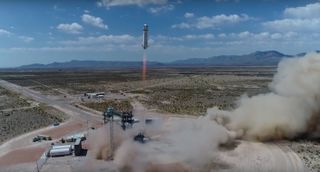 Blue Origin's New Shepard suborbital vehicle launches on an uncrewed test flight from West Texas on April 29, 2018.