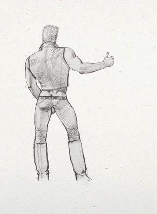 Artist pencil sketch back shot of a muscular male, sleeveless denim jacket, low rise jeans, long boots, right arm stretched out hitching a lift