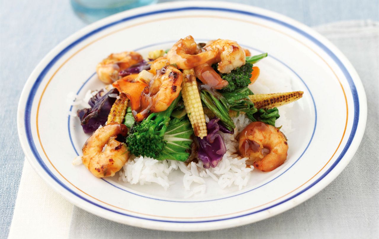 Asian prawns stir-fry with jasmine rice