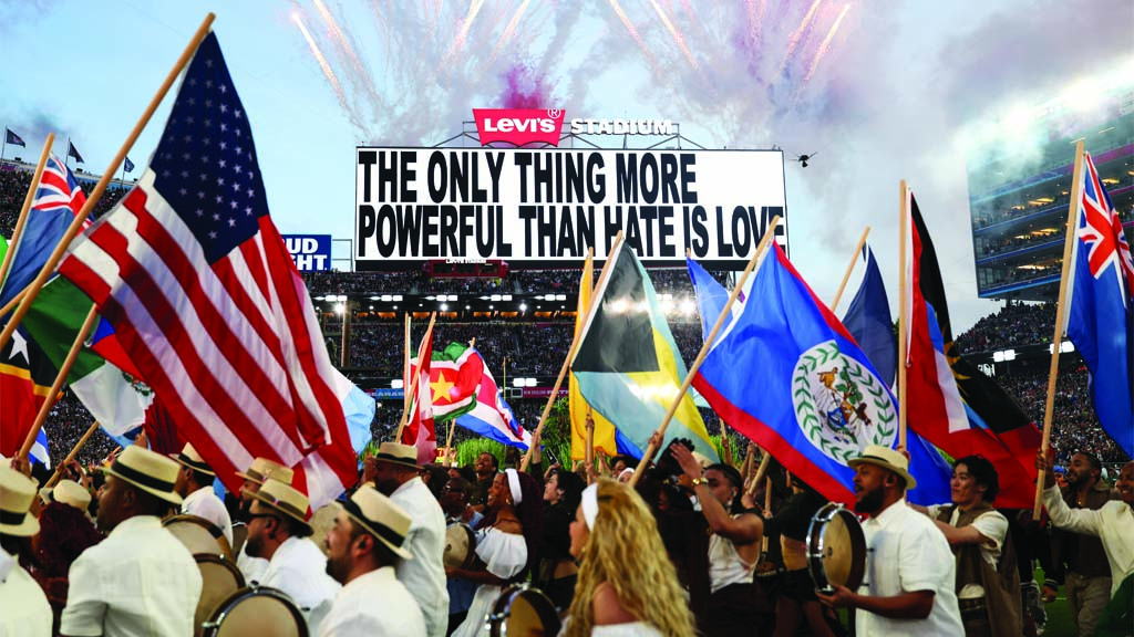 SANTA CLARA, CALIFORNIA - FEBRUARY 8: Bad Bunny performs in the Apple Music Halftime Show during the NFL Super Bowl 60 football game between the Seattle Seahawks and the New England Patriots, at Levi's Stadium on February 8, 2026 in Santa Clara, California. (Photo by Kevin Sabitus/Getty Images)