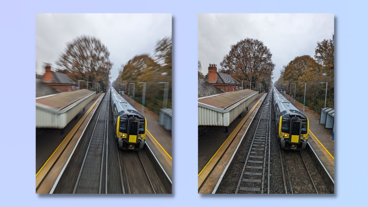 Снимок экрана, на котором показаны шаги по выполнению действий. Панорамирование фотографий на телефоне Google Pixel: фотографии поезда, сделанные с помощью Action Pan.