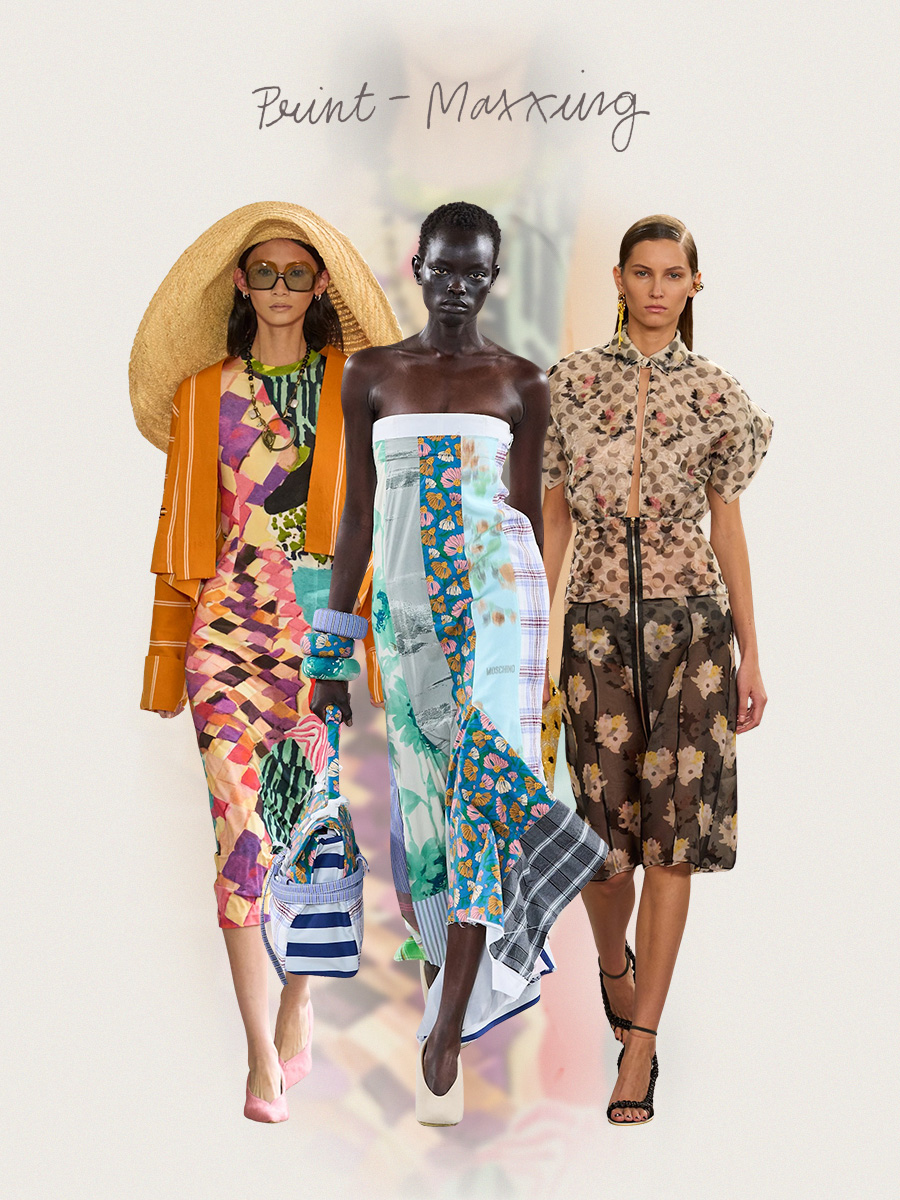 Spring 2026 print trends are shown in a collage of runway images, featuring three models walking down the catwalk wearing the print-maxxing trend, or simply put, clothing with mixed patterns. On the left, a model walking in Stella Jean's spring runway show is wearing a multi-print dress styled with an orange striped blazer, an oversized floppy hat, oversized bug-eye sunglasses, a long necklace, and pink suede pointed heels. In the middle, a model walking in Moschino's spring runway show is wearing a strapless multi-print dress with matching printed bangles, a striped handbag, and white pumps. On the right, a model walking in Fend's spring runway show is wearing a sheer organza dress with a mix of polka-dot and floral prints, styled with black strappy peep-toe sandals.