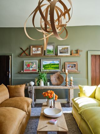 A living room drenched in yellow and green