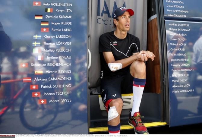 Reto Hollenstein was heavily bandaged after his crash yesterday