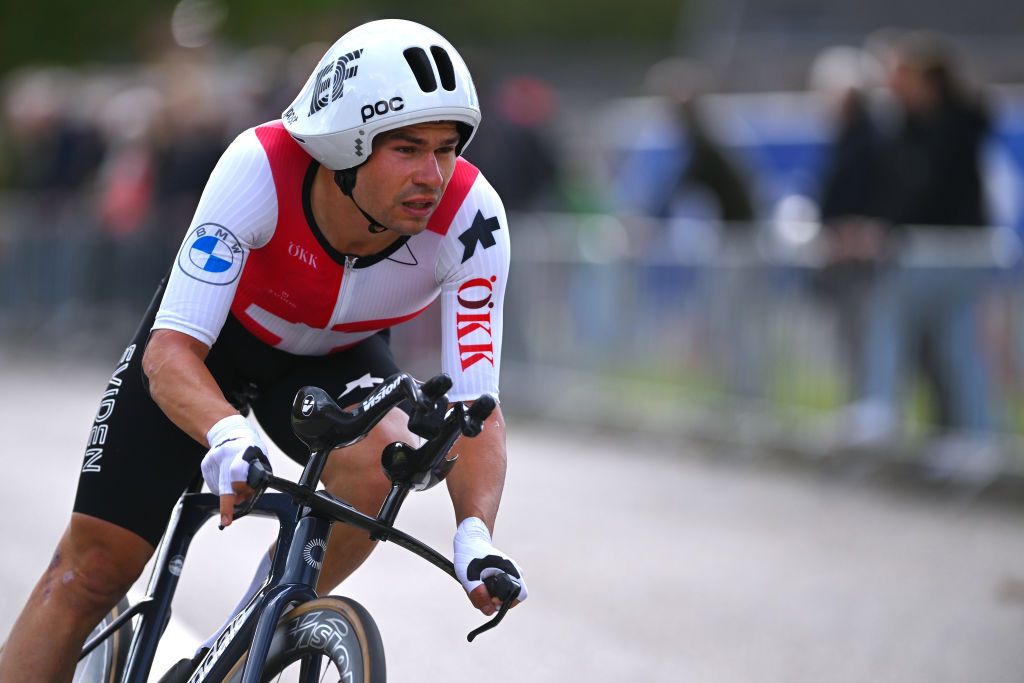 HASSELT BELGIUM SEPTEMBER 11 Stefan Bisseggerof Team Switzerland sprints during the 30th UEC Road Cycling European Championships 2024 Mens Elite Individual Time Trial a 313km from HeusdenZolder to Hasselt UCIWT on September 11 2024 in Hasselt Belgium Photo by Luc ClaessenGetty Images