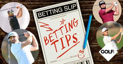 Betting slip graphic and four golfers