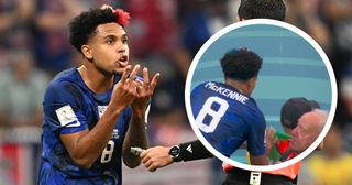Weston McKennie (L) argues with Venezuelan referee Jesus Valenzuela during the Qatar 2022 World Cup Group B football match between England and USA at the Al-Bayt Stadium in Al Khor, north of Doha on November 25, 2022.