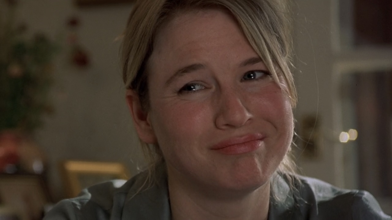 Bridget smiling tearfully in Bridget Jones's Diary