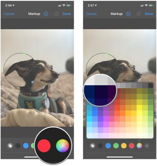 How to make a callout in the Markup editor in Photos on iPhone and iPad by showing steps: Tap a color at the bottom to change the callout color, or tap on the picker to select a different color