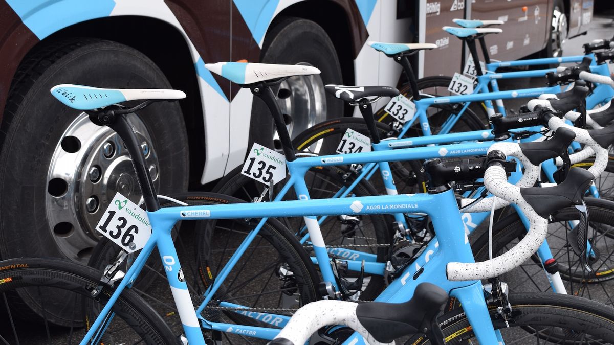 The AG2R La Mondiale blue Factor O2 frames stand out in the peloton