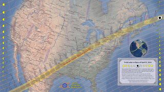 Map of path of totality across North America of solar eclipse, tilted to show its full path over mexico and canada
