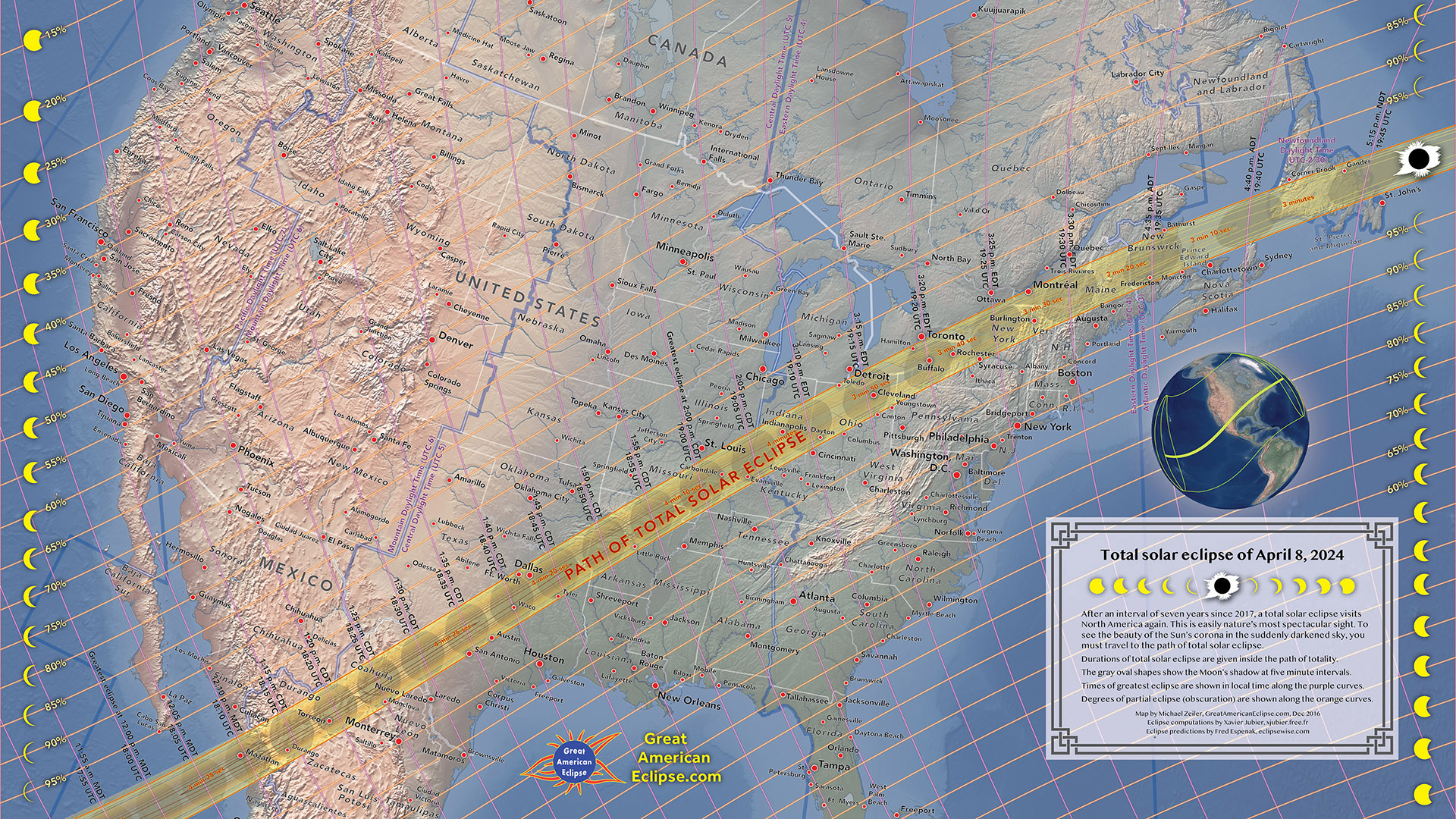 Map of path of totality across North America of solar eclipse on April 8, 2024