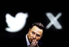 Twitter rebrand: Elon musk headshot looking into distance set against a black background both showing backlit logos of the Twitter bird and the X.com logo
