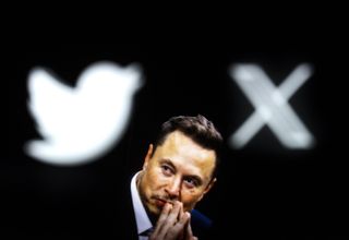 Twitter rebrand: Elon musk headshot looking into distance set against a black background both showing backlit logos of the Twitter bird and the X.com logo