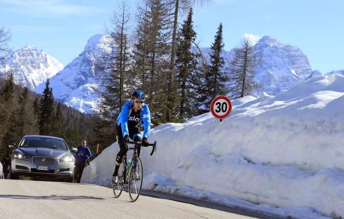 In mid April, much of the Dolomites are still blanketed by snow, as Bradley Wiggins discovered.