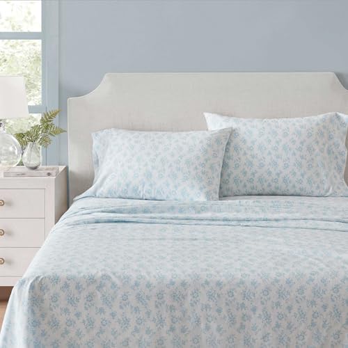 Martha Stewart - Queen Size Sheets Set, Crisp &amp;amp; Tailored Cooling Sheets W/a Naturally Smooth Cotton Percale Lightweight Feel - Bed Sheets With Matching Pillowcases &amp;amp; Fitted Sheet (floral Blue)