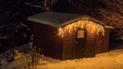 A shed with fairy lights 